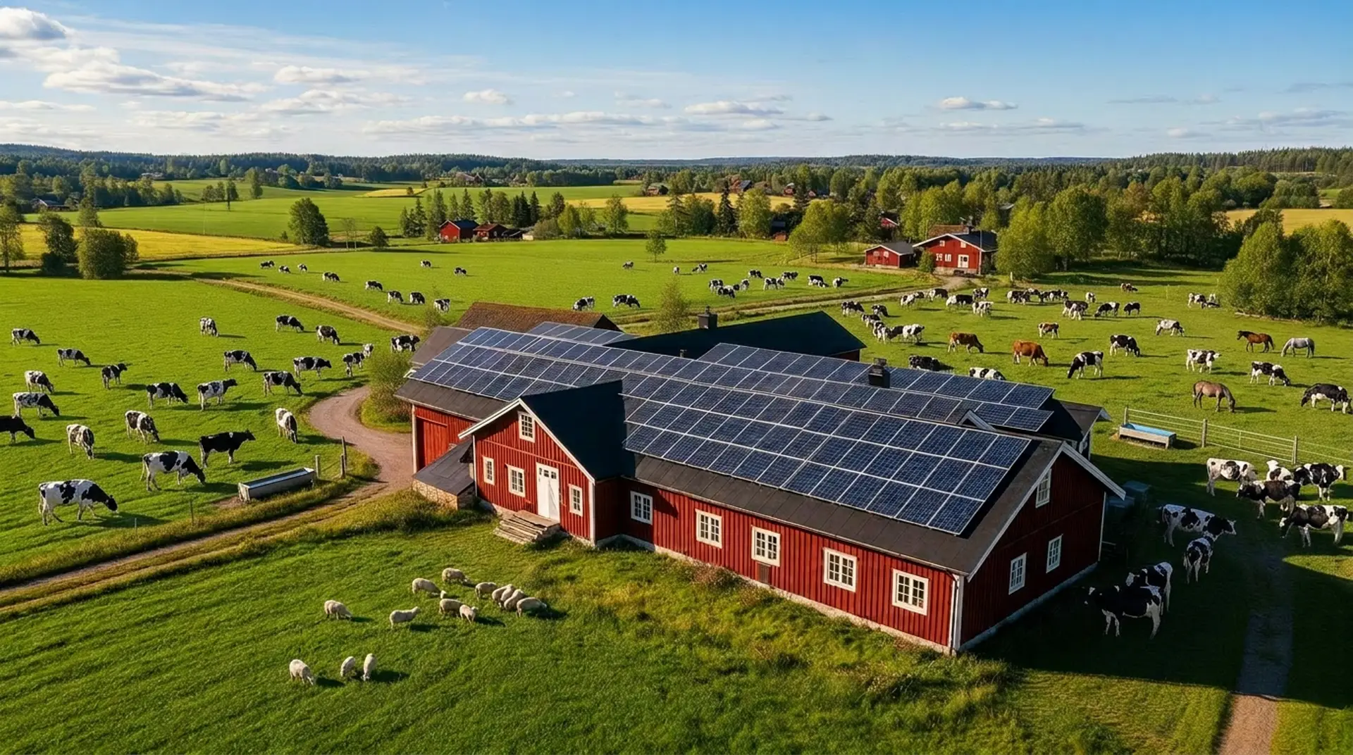 Svensk mjölkgård med solpaneler på ladugårdens tak och betande kor
